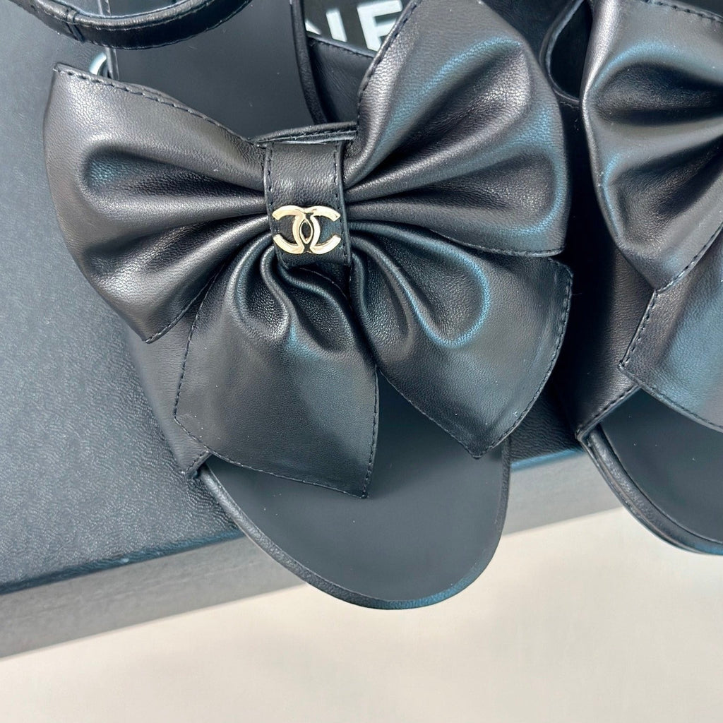 Chanel Double Big Bow High Sandal Sheepskin Black