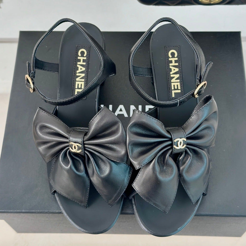 Chanel Double Big Bow High Sandal Sheepskin Black