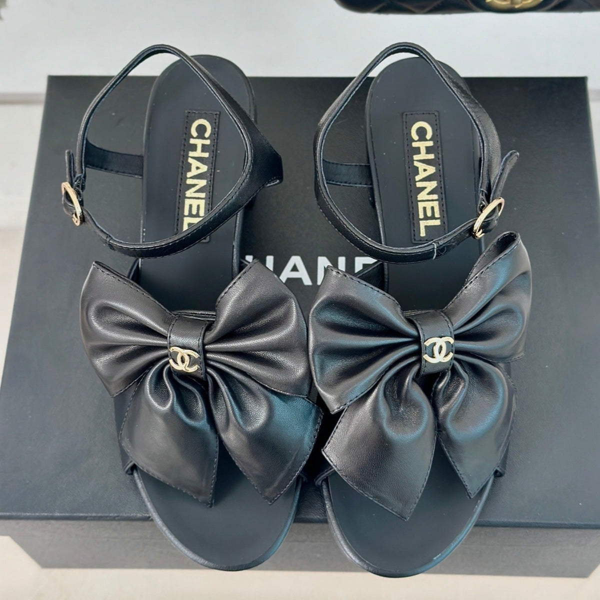 Chanel Double Big Bow High Sandal Sheepskin Black