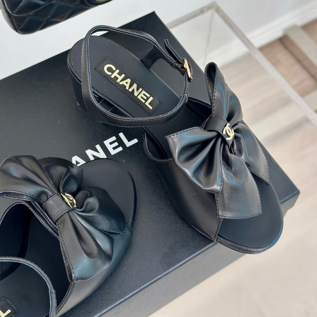Chanel Double Big Bow High Sandal Sheepskin Black