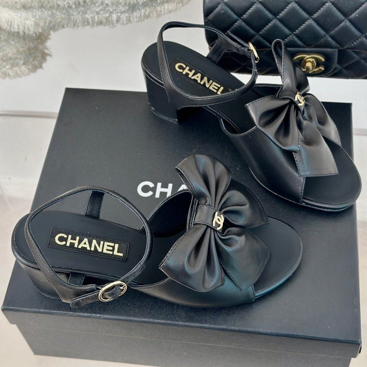 Chanel Double Big Bow High Sandal Sheepskin Black