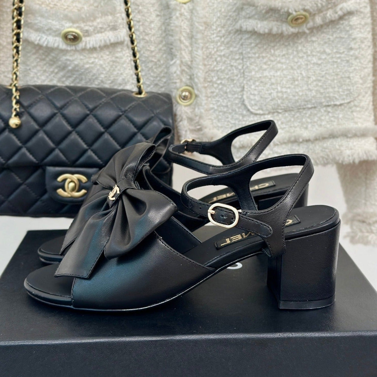 Chanel Double Big Bow High Sandal Sheepskin Black