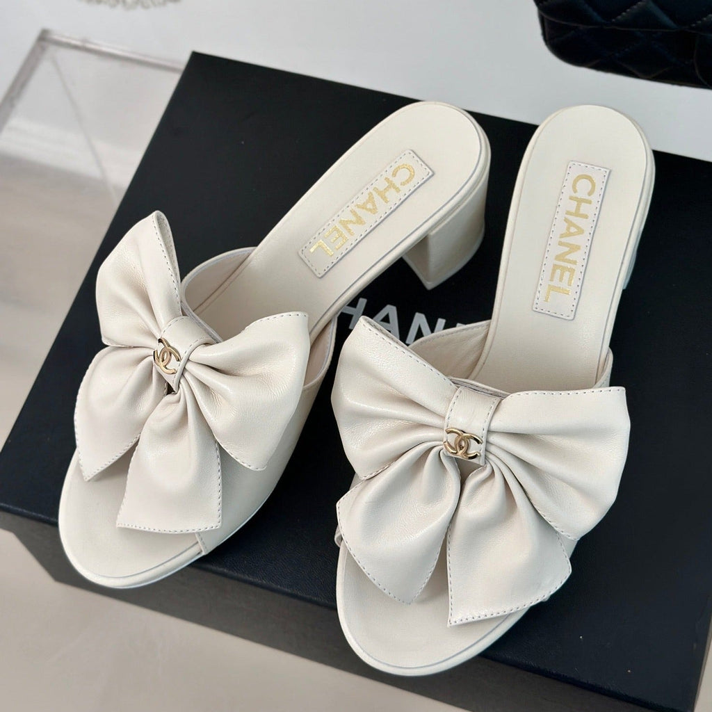Chanel Double Big Bow High Heels Sheepskin White