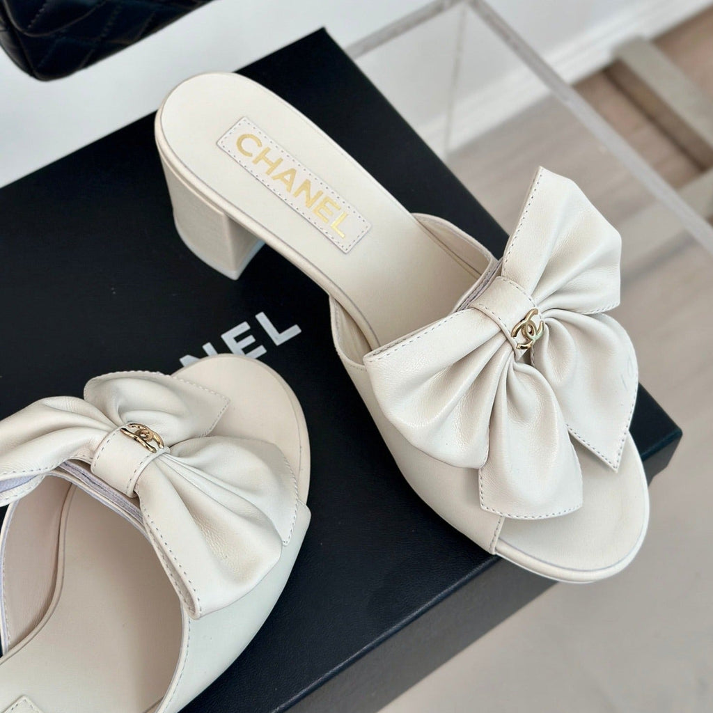 Chanel Double Big Bow High Heels Sheepskin White