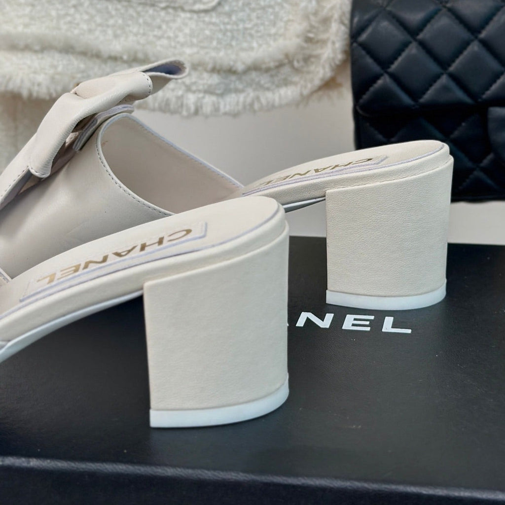 Chanel Double Big Bow High Heels Sheepskin White