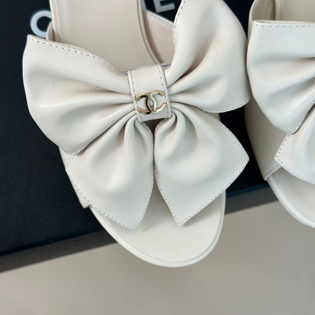 Chanel Double Big Bow High Heels Sheepskin White