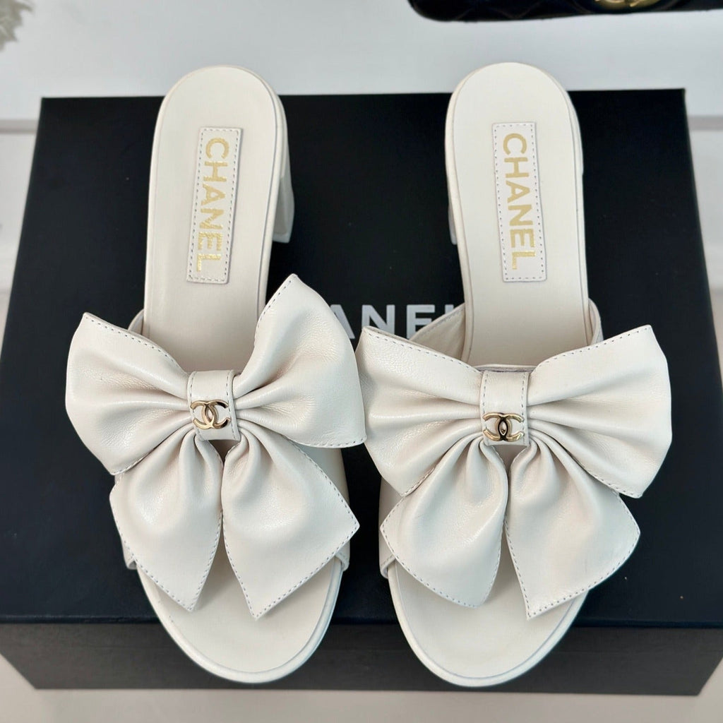Chanel Double Big Bow High Heels Sheepskin White