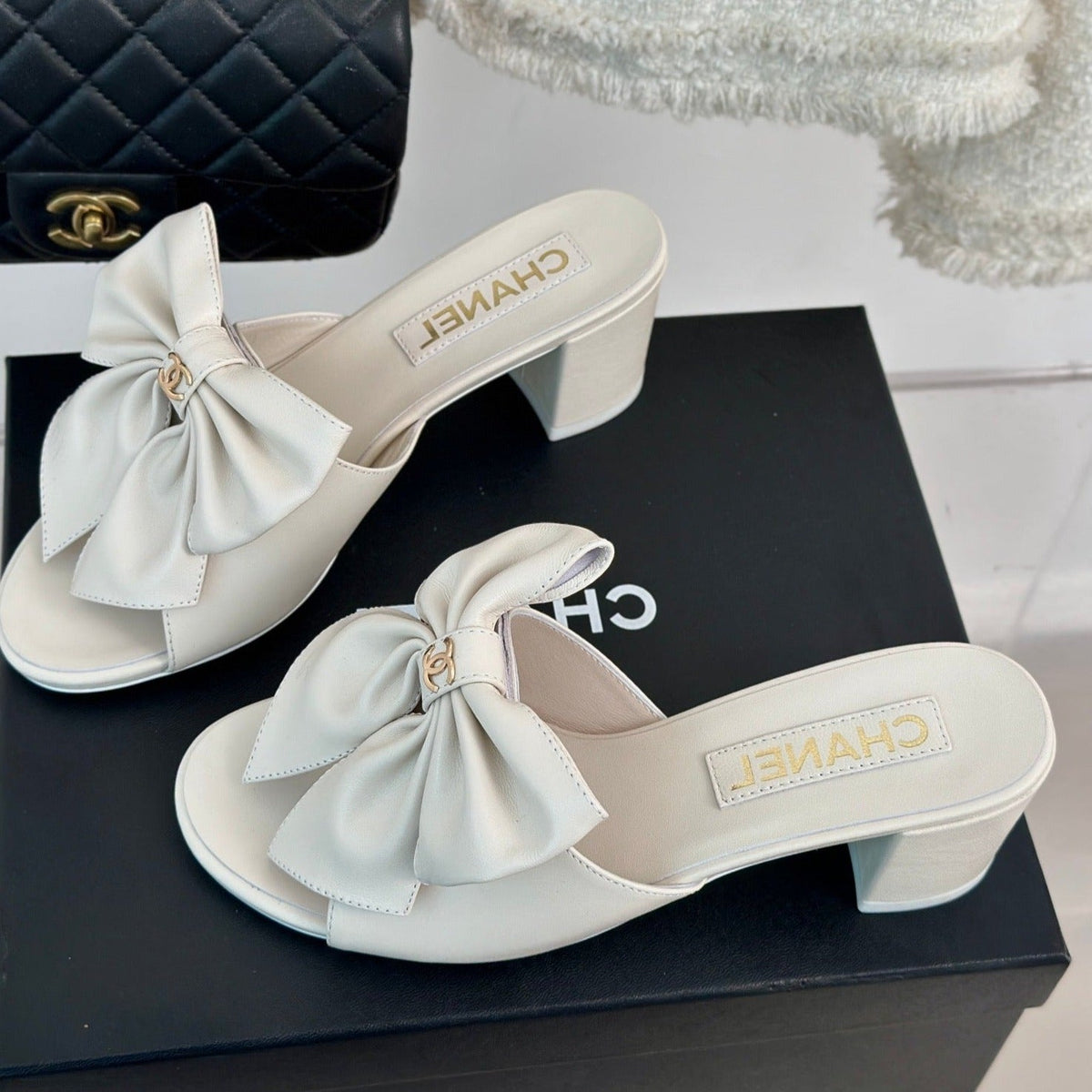 Chanel Double Big Bow High Heels Sheepskin White