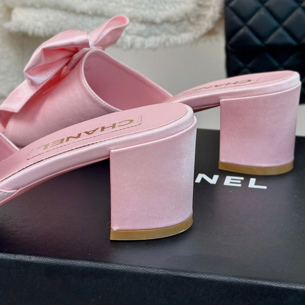 Chanel Double Big Bow High Heels Sheepskin Light Pink