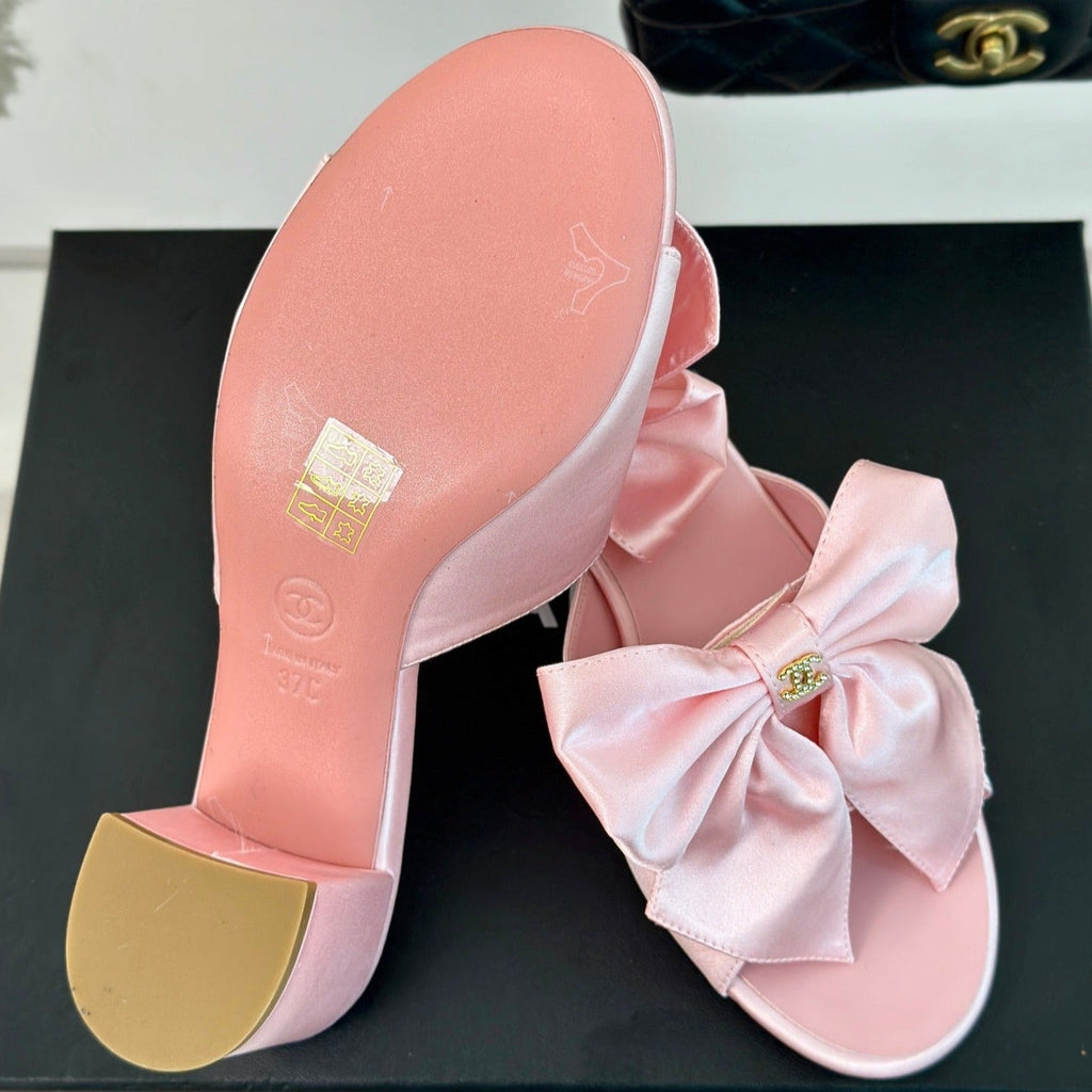 Chanel Double Big Bow High Heels Sheepskin Light Pink