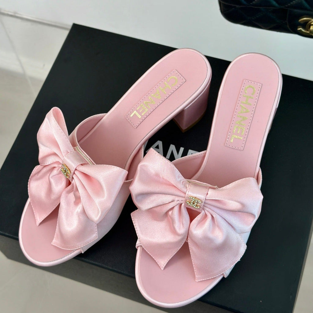 Chanel Double Big Bow High Heels Sheepskin Light Pink