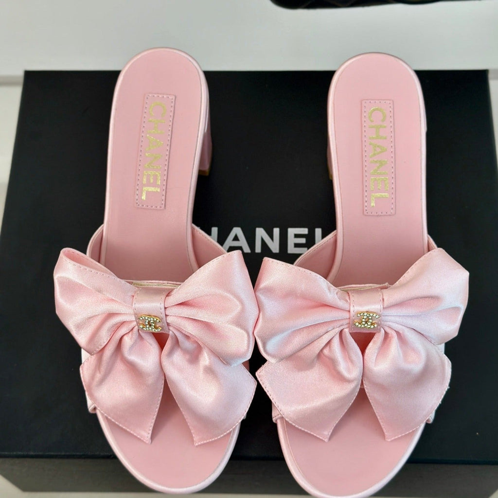 Chanel Double Big Bow High Heels Sheepskin Light Pink