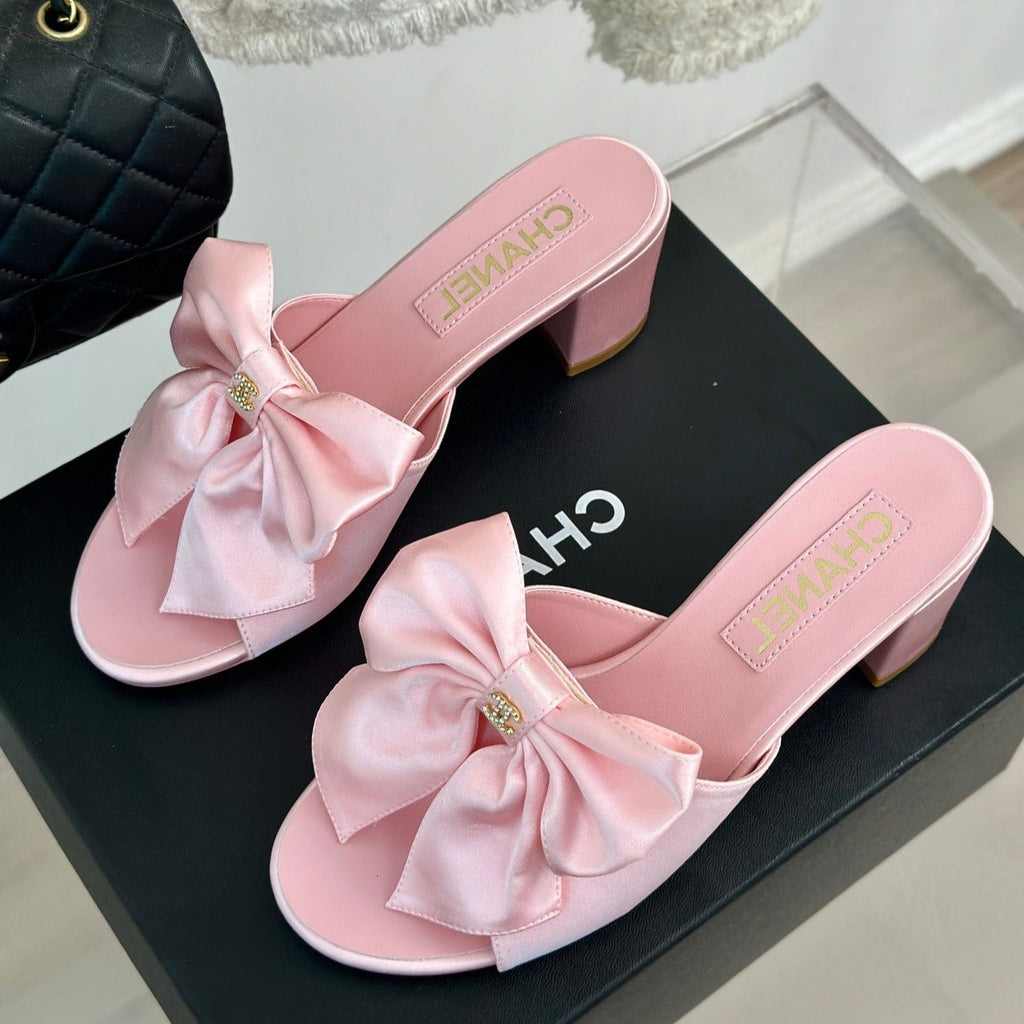 Chanel Double Big Bow High Heels Sheepskin Light Pink