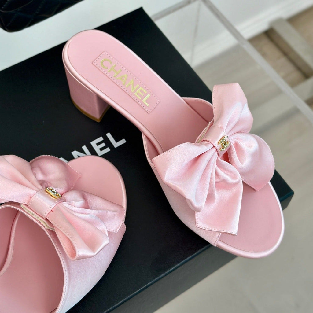 Chanel Double Big Bow High Heels Sheepskin Light Pink