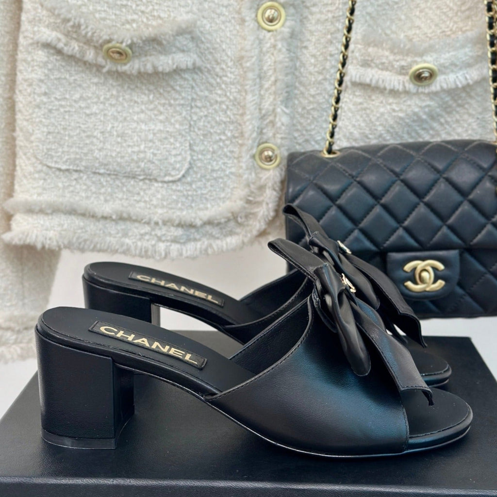 Chanel Double Big Bow High Heels Sheepskin Black