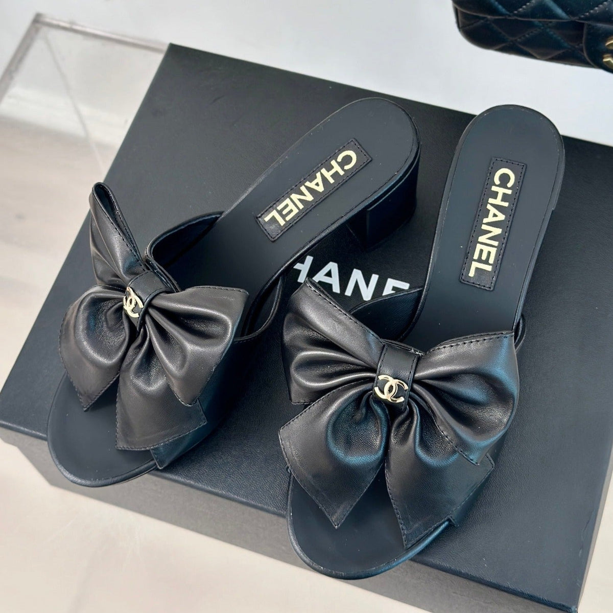 Chanel Double Big Bow High Heels Sheepskin Black