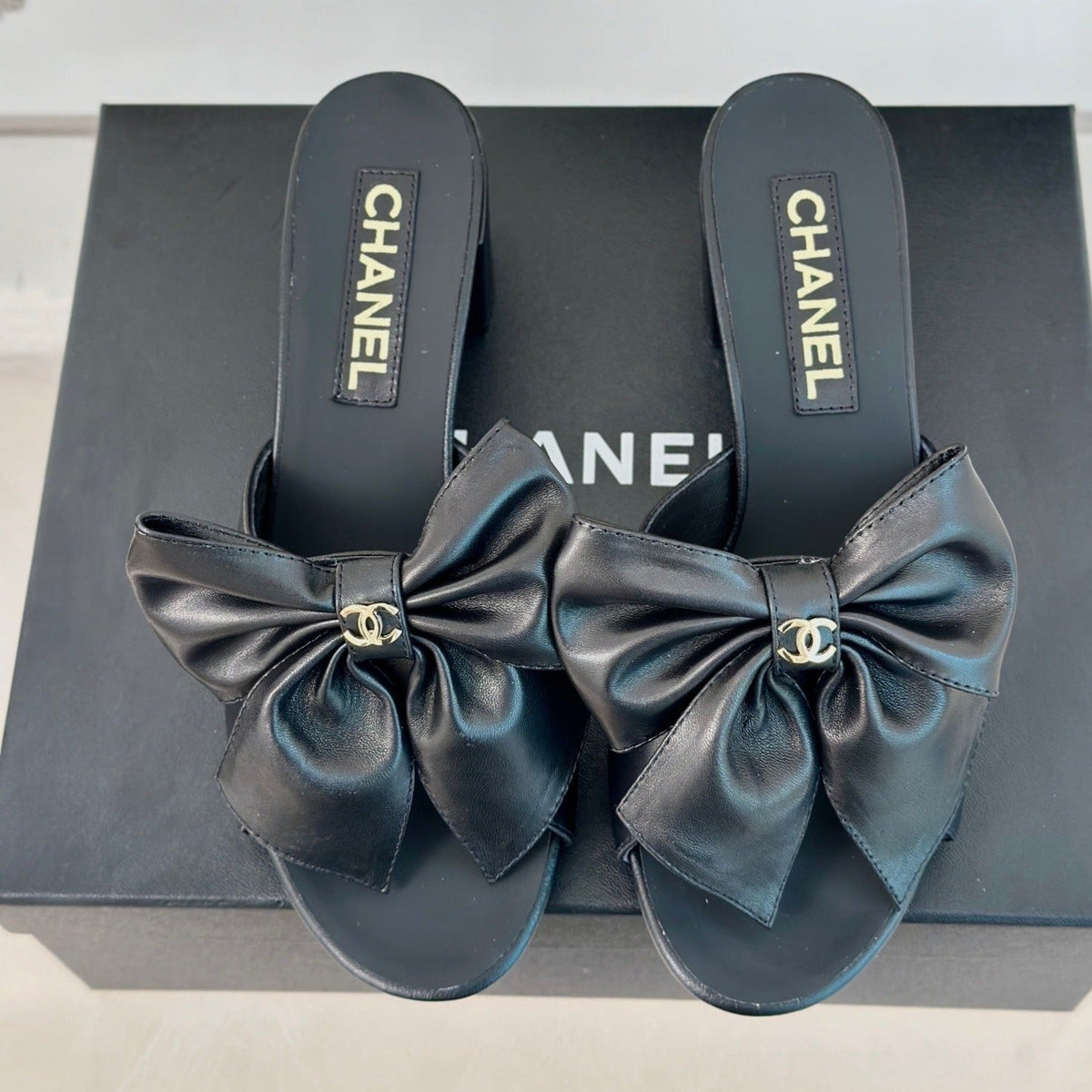 Chanel Double Big Bow High Heels Sheepskin Black