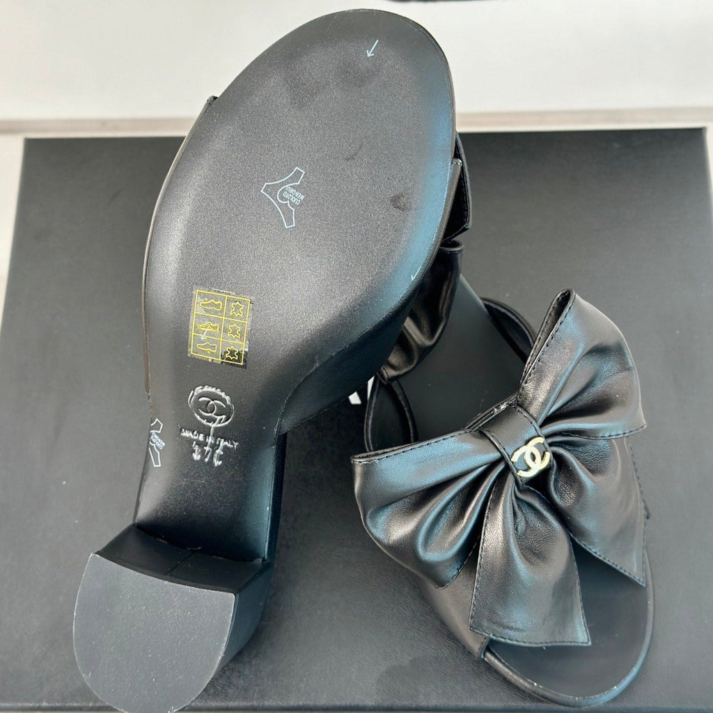 Chanel Double Big Bow High Heels Sheepskin Black
