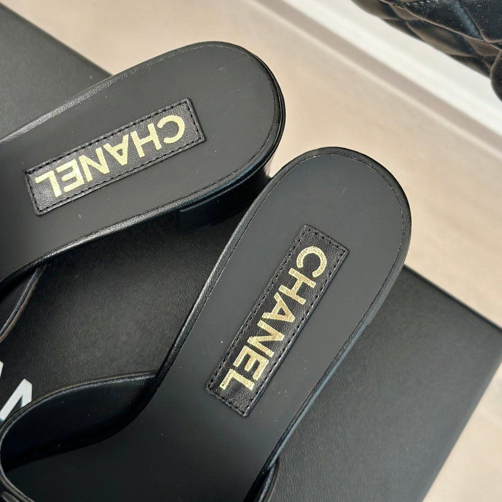 Chanel Double Big Bow High Heels Sheepskin Black
