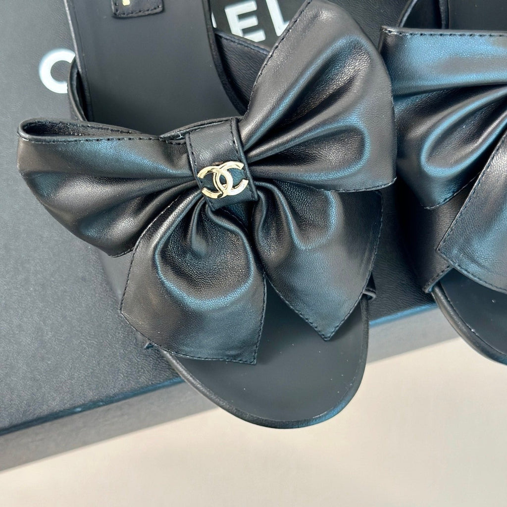 Chanel Double Big Bow High Heels Sheepskin Black