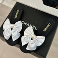 Chanel Double Big Bow Flat Sandals Sheepskin White Black