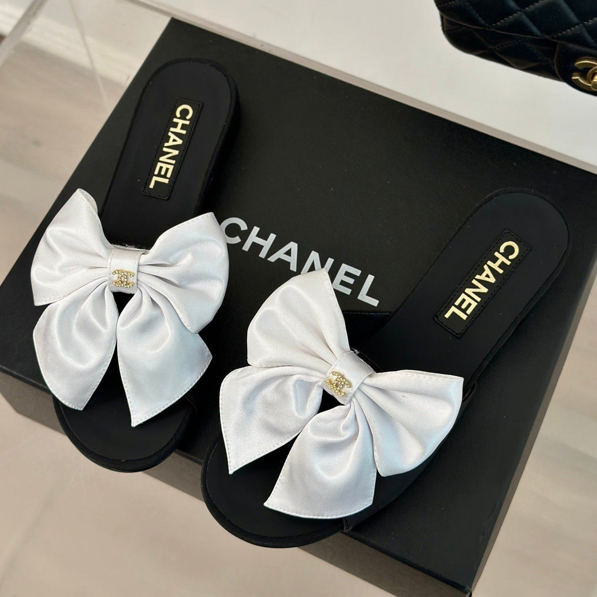 Chanel Double Big Bow Flat Sandals Sheepskin White Black