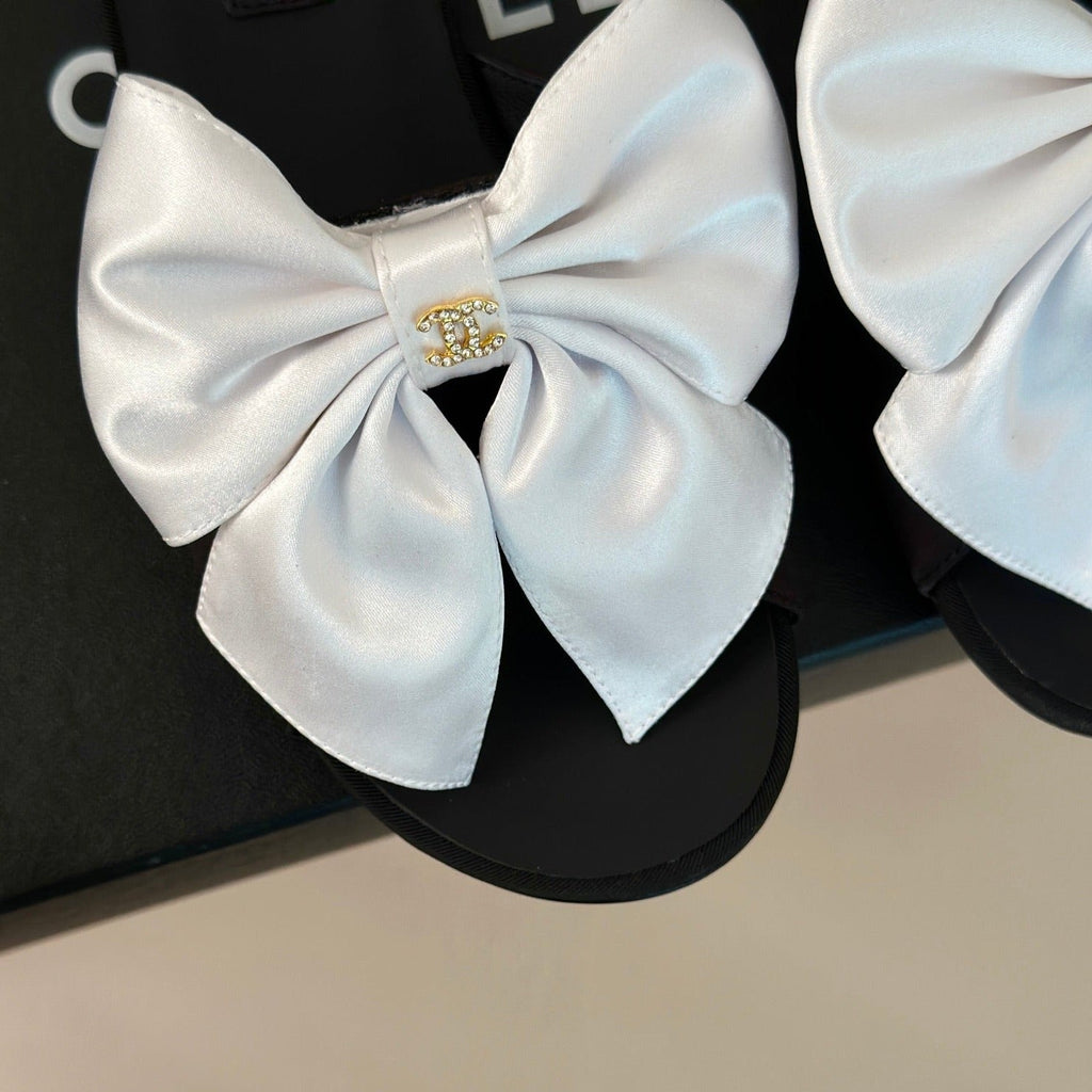 Chanel Double Big Bow Flat Sandals Sheepskin White Black