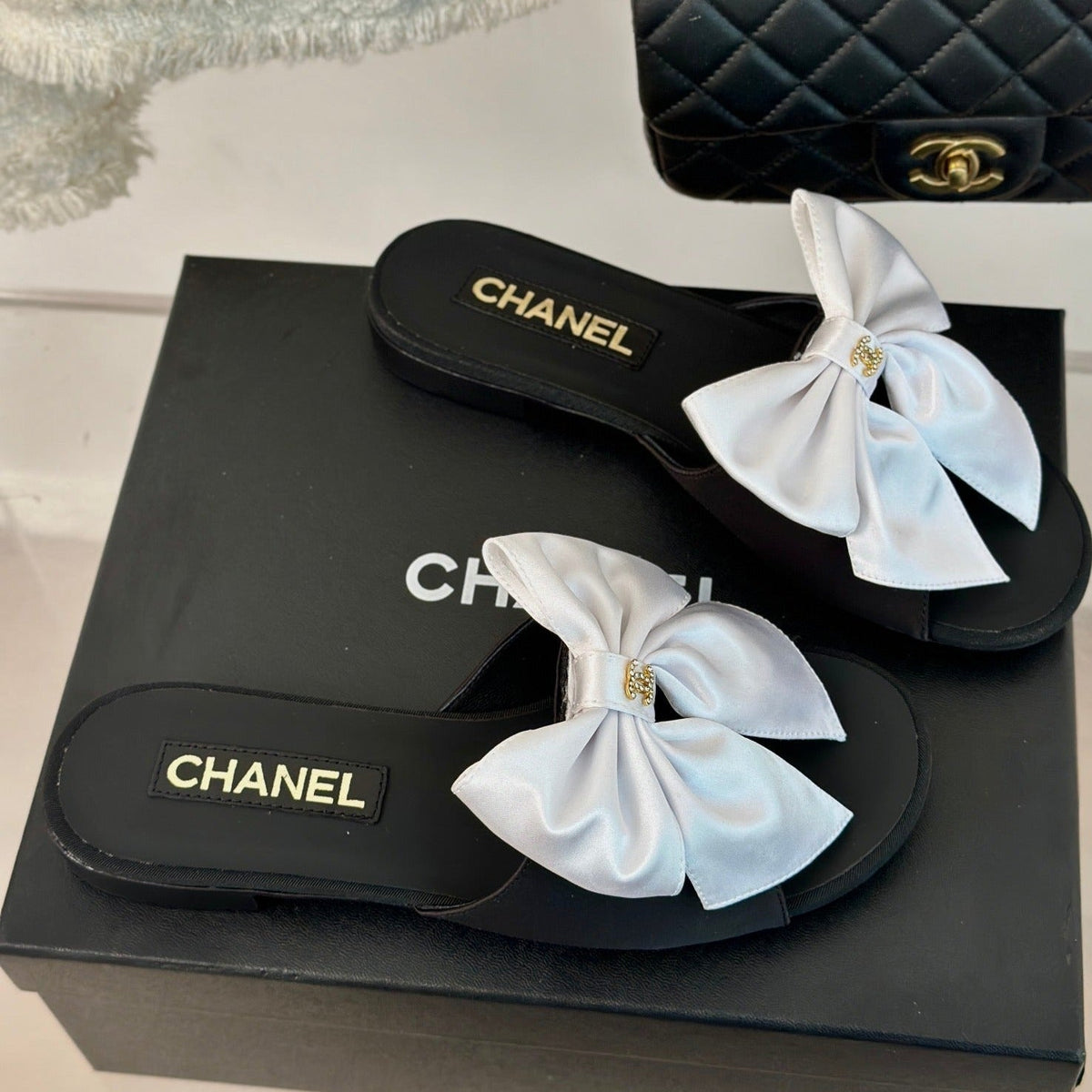 Chanel Double Big Bow Flat Sandals Sheepskin White Black