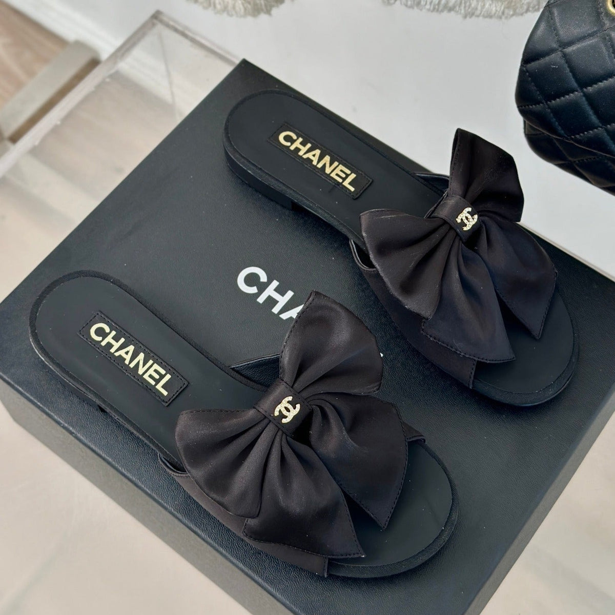 Chanel Double Big Bow Flat Sandals Sheepskin Black