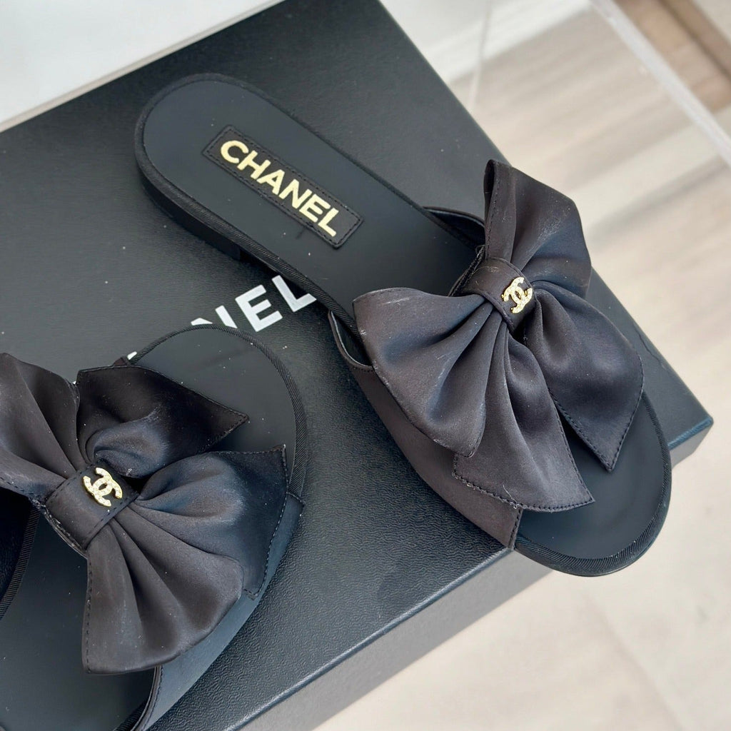Chanel Double Big Bow Flat Sandals Sheepskin Black