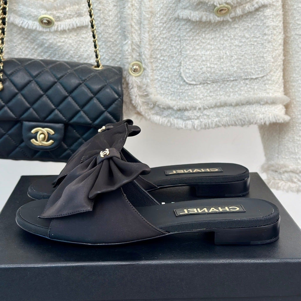 Chanel Double Big Bow Flat Sandals Sheepskin Black