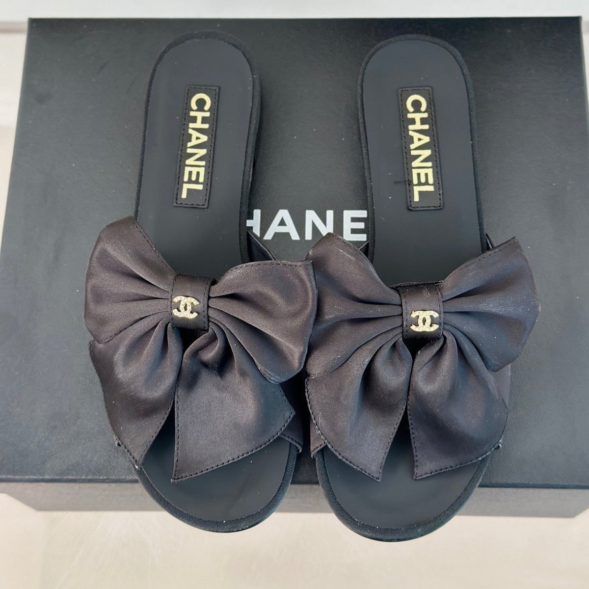 Chanel Double Big Bow Flat Sandals Sheepskin Black