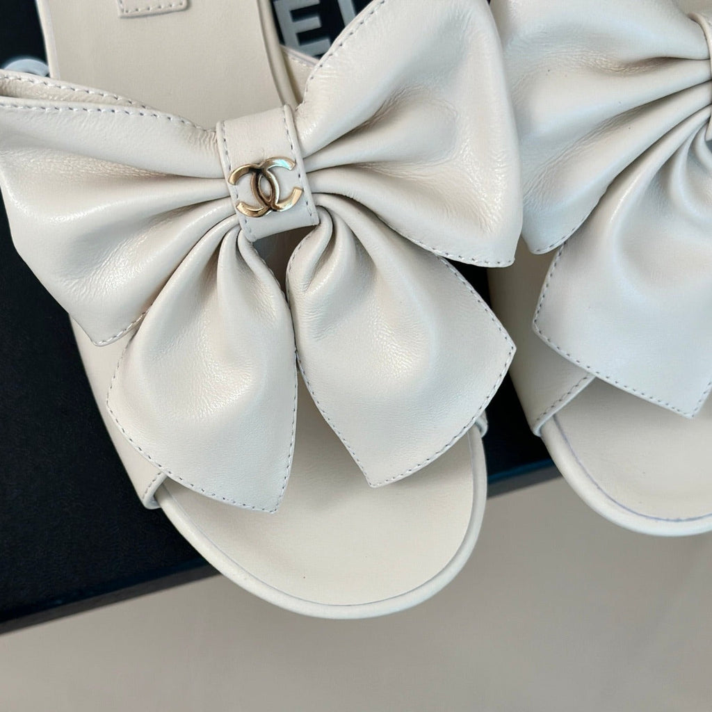 Chanel Double Big Bow Flat Sandals Sheepskin White Cream