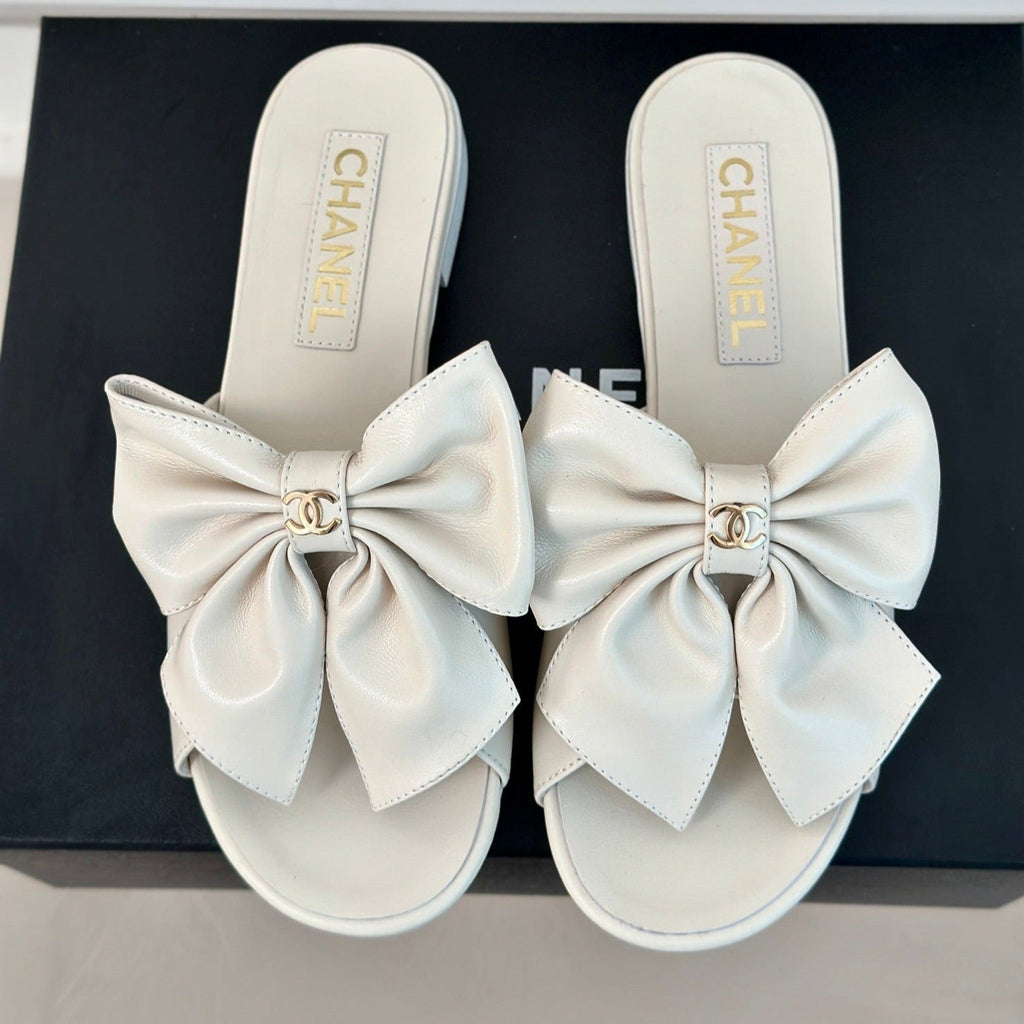 Chanel Double Big Bow Flat Sandals Sheepskin White Cream