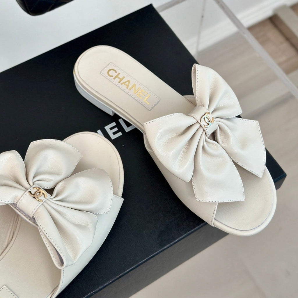 Chanel Double Big Bow Flat Sandals Sheepskin White Cream
