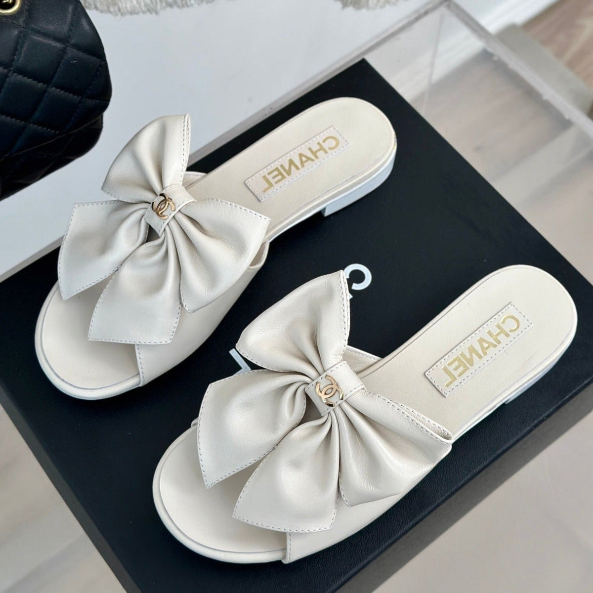 Chanel Double Big Bow Flat Sandals Sheepskin White Cream