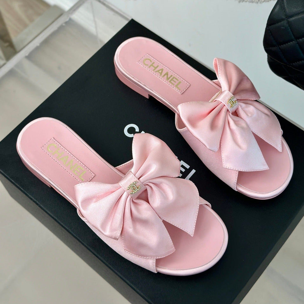 Chanel Double Big Bow Flat Sandals Sheepskin Light Pink
