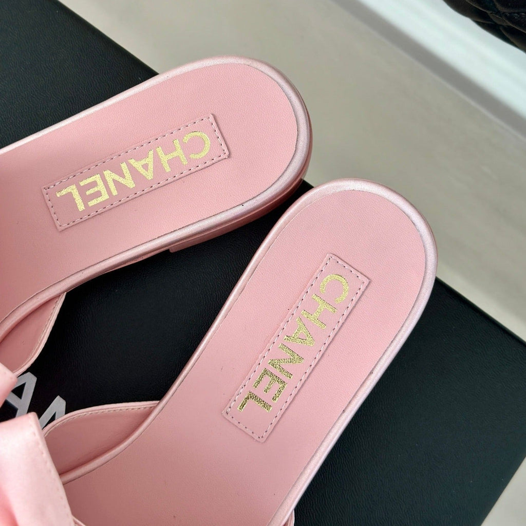 Chanel Double Big Bow Flat Sandals Sheepskin Light Pink