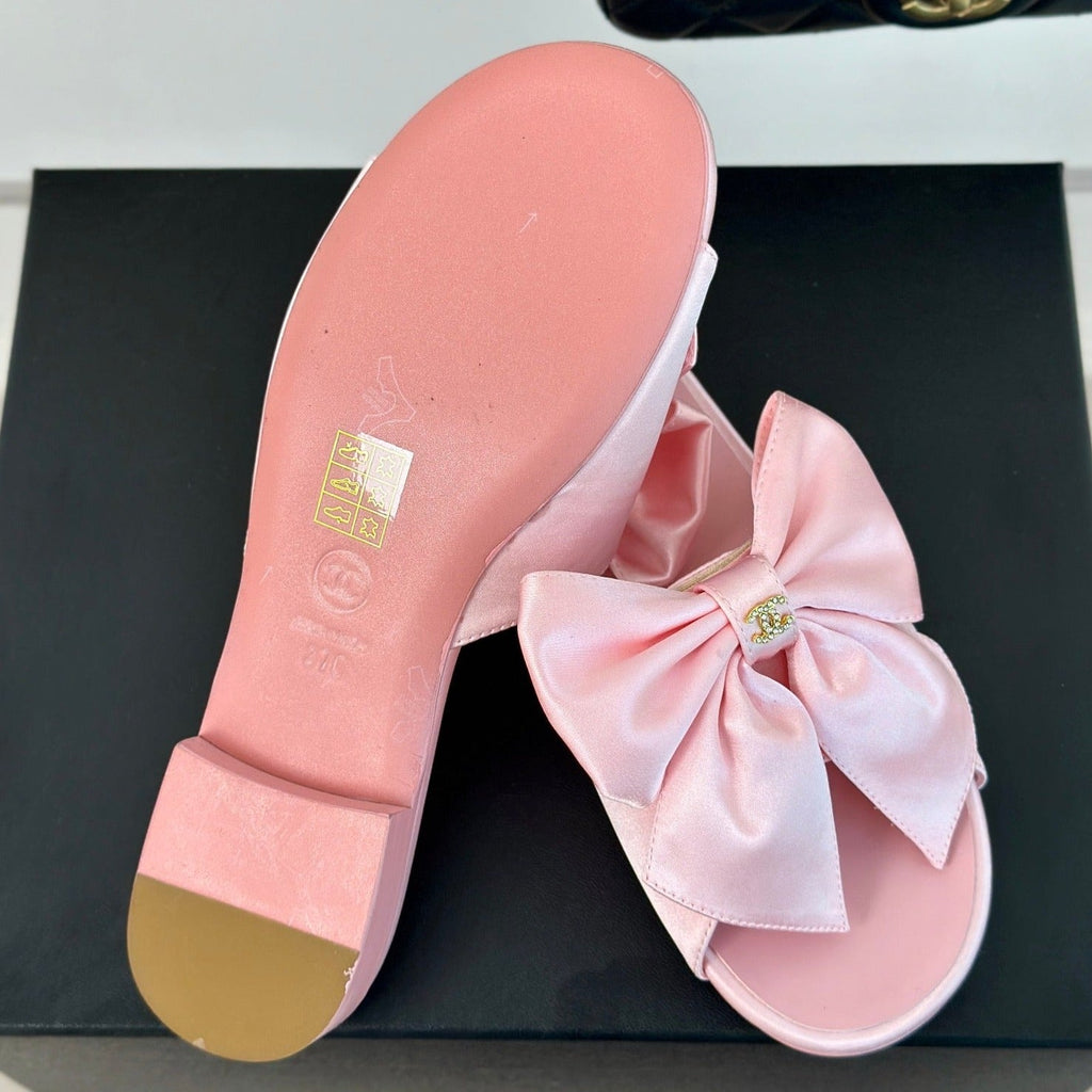 Chanel Double Big Bow Flat Sandals Sheepskin Light Pink