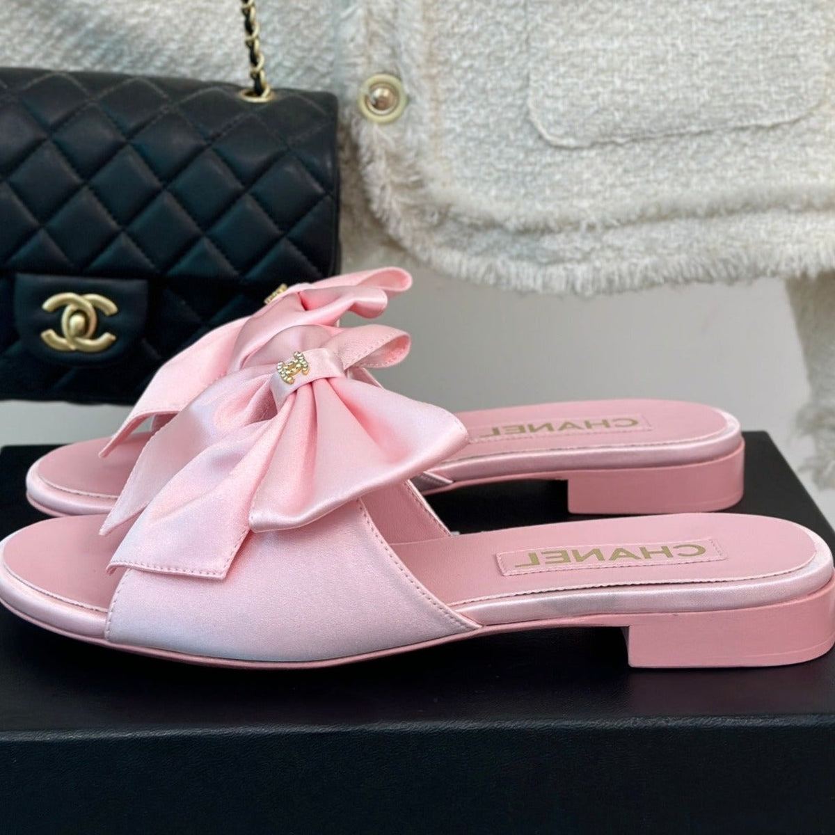 Chanel Double Big Bow Flat Sandals Sheepskin Light Pink