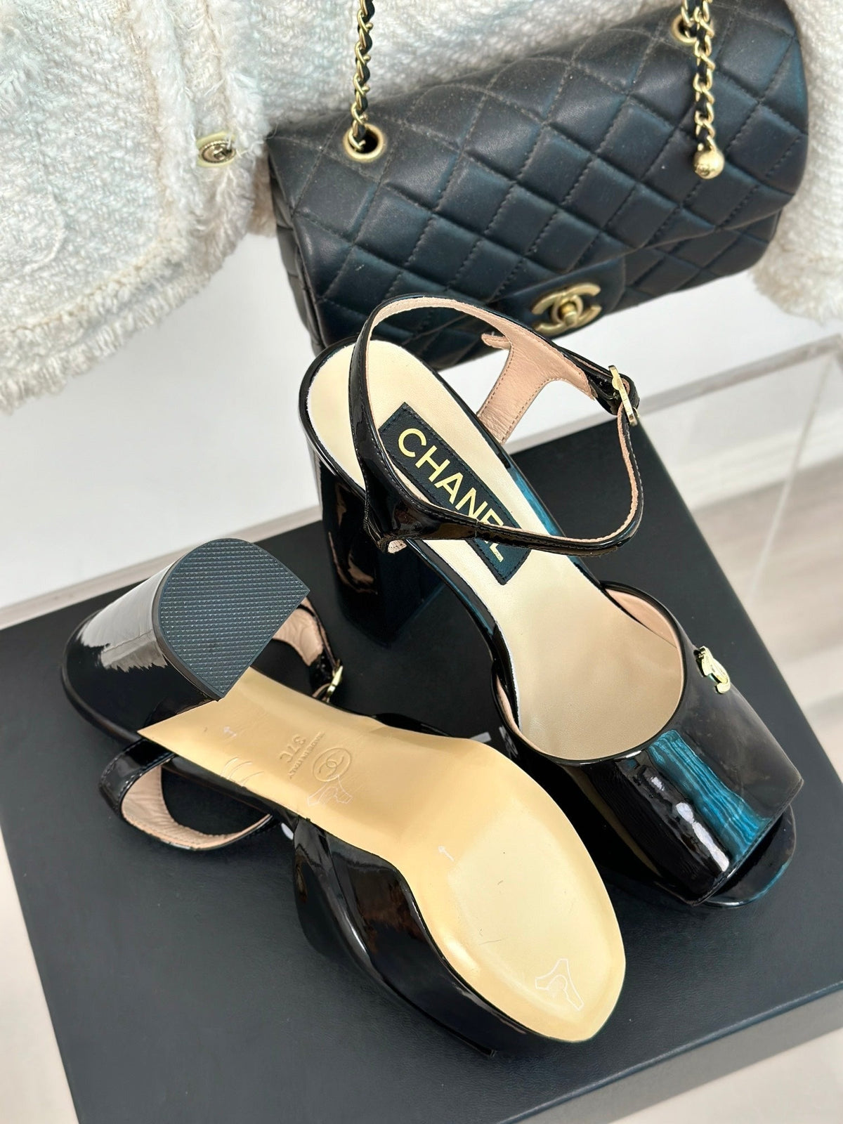 Chanel Double C High Heel Sandals Black Leather