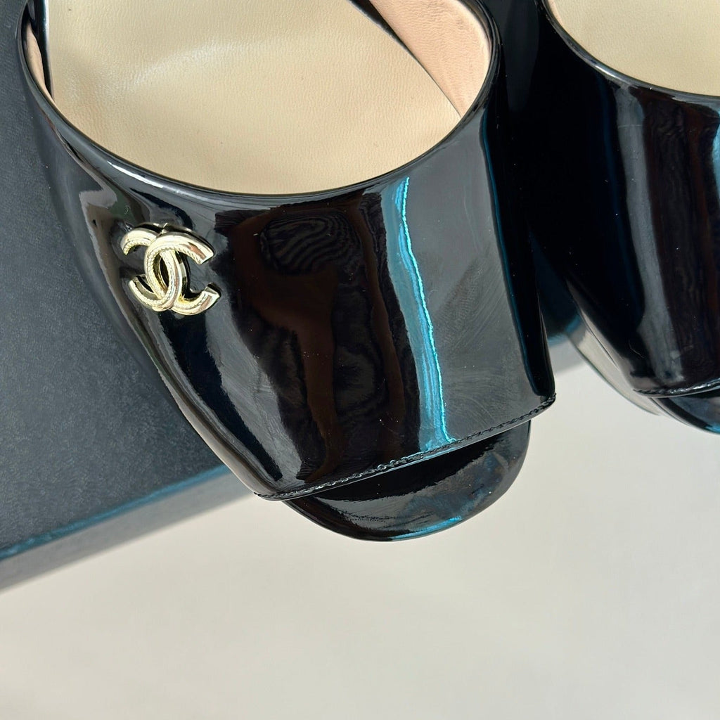 Chanel Double C High Heel Sandals Black Leather