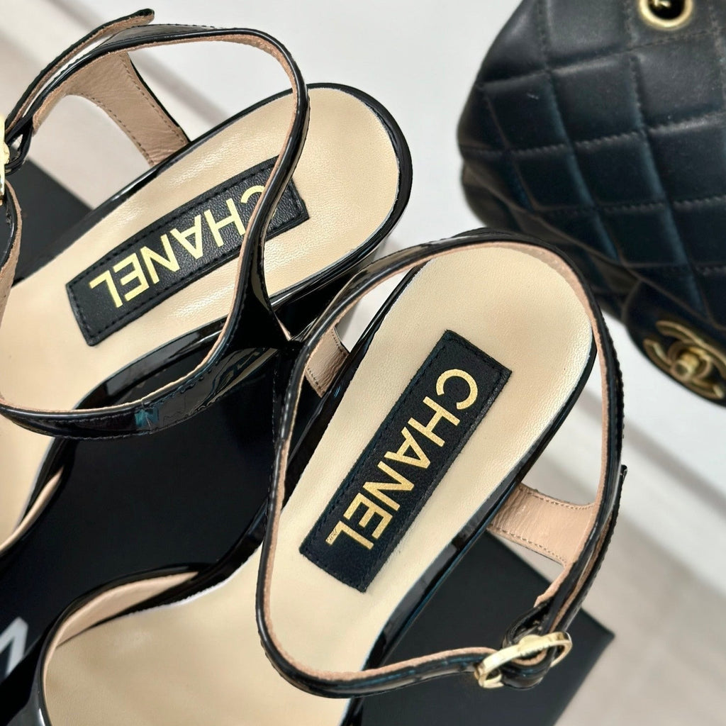 Chanel Double C High Heel Sandals Black Leather