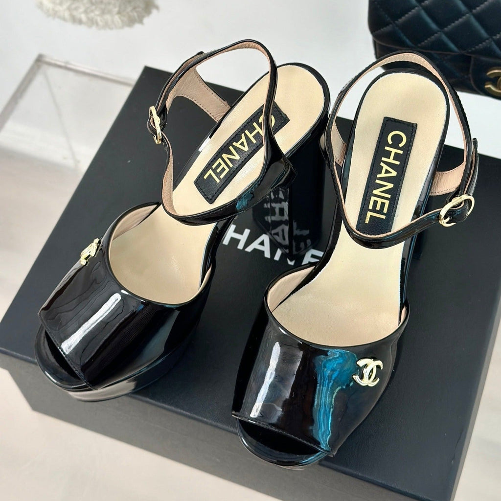 Chanel Double C High Heel Sandals Black Leather