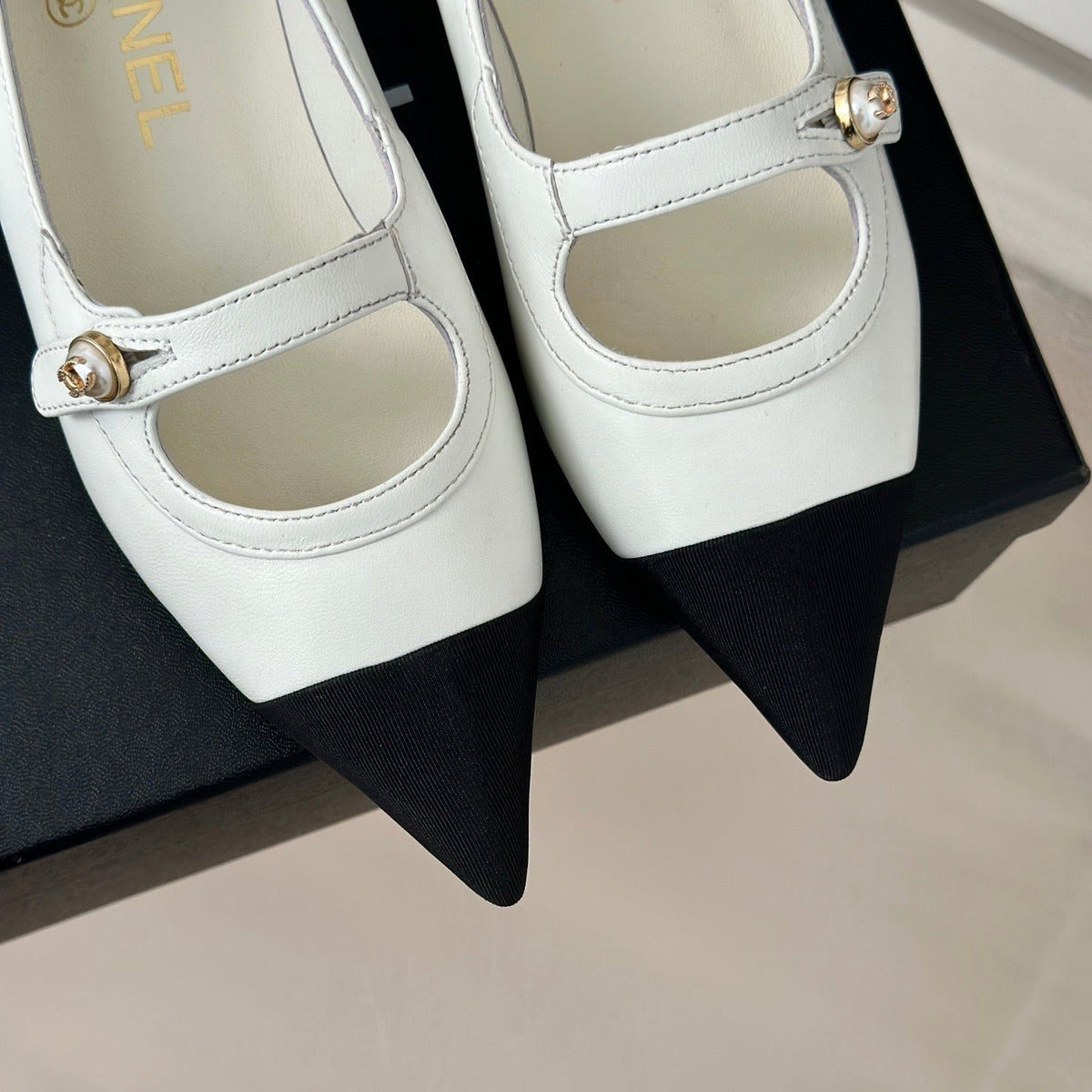 Chanel Double C Milan Runway Pointed Toe Mary Jane Shoes White Black Lambskin