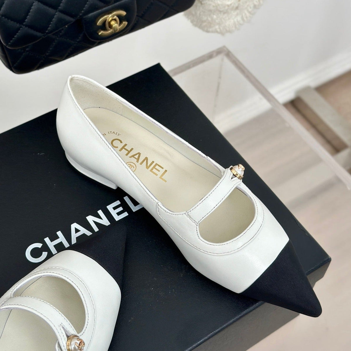 Chanel Double C Milan Runway Pointed Toe Mary Jane Shoes White Black Lambskin