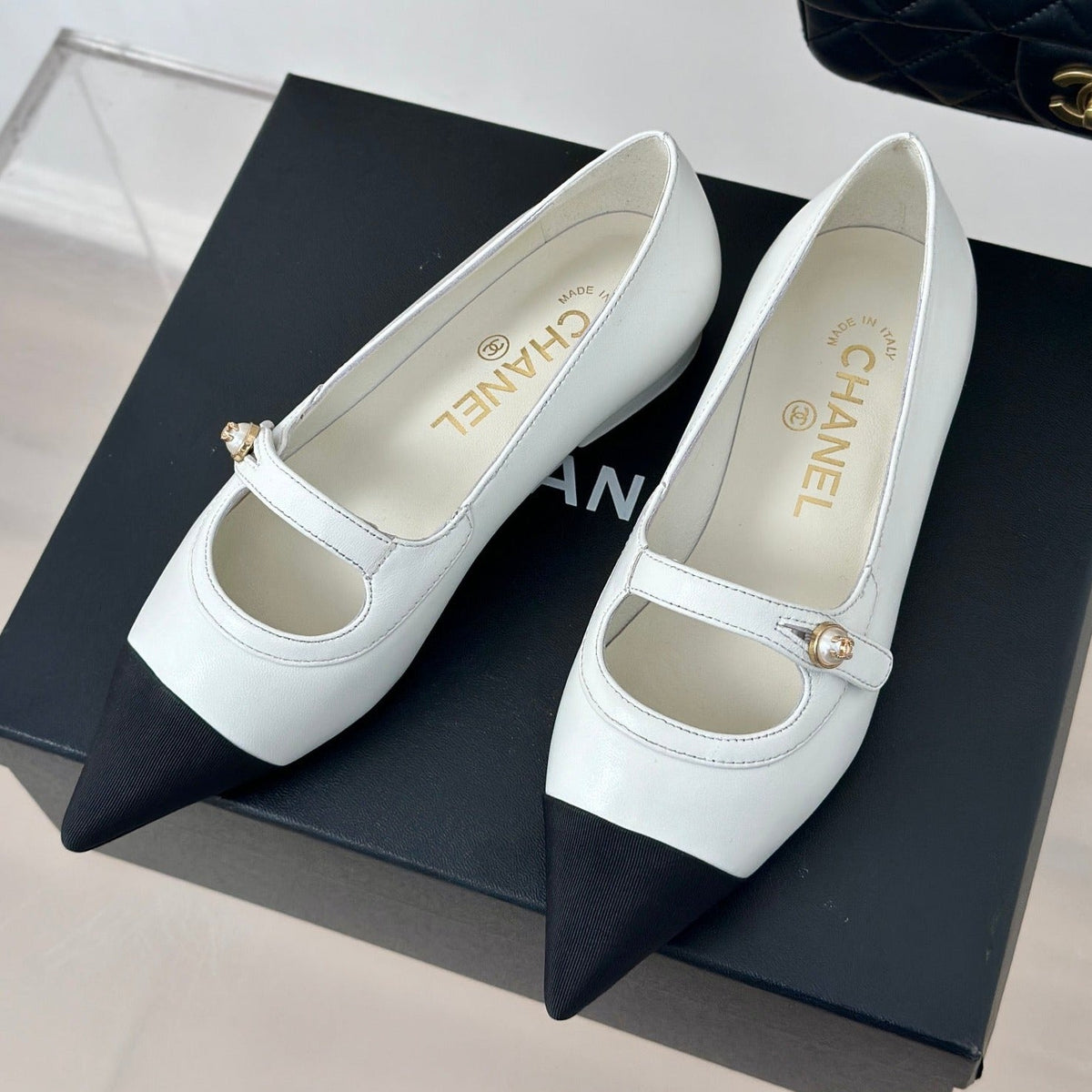 Chanel Double C Milan Runway Pointed Toe Mary Jane Shoes White Black Lambskin
