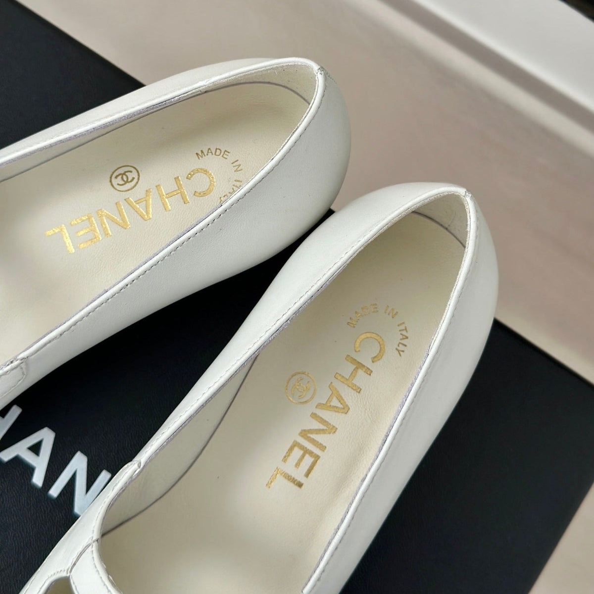 Chanel Double C Milan Runway Pointed Toe Mary Jane Shoes White Black Lambskin
