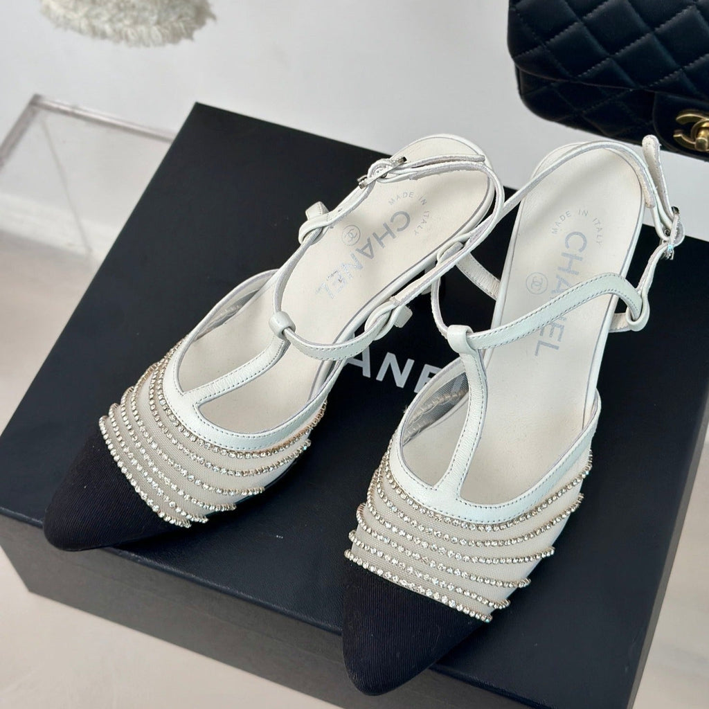 Chanel Crystal Flat High Heel Sandals White