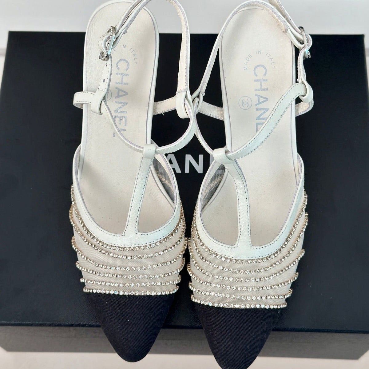 Chanel Crystal Flat High Heel Sandals White